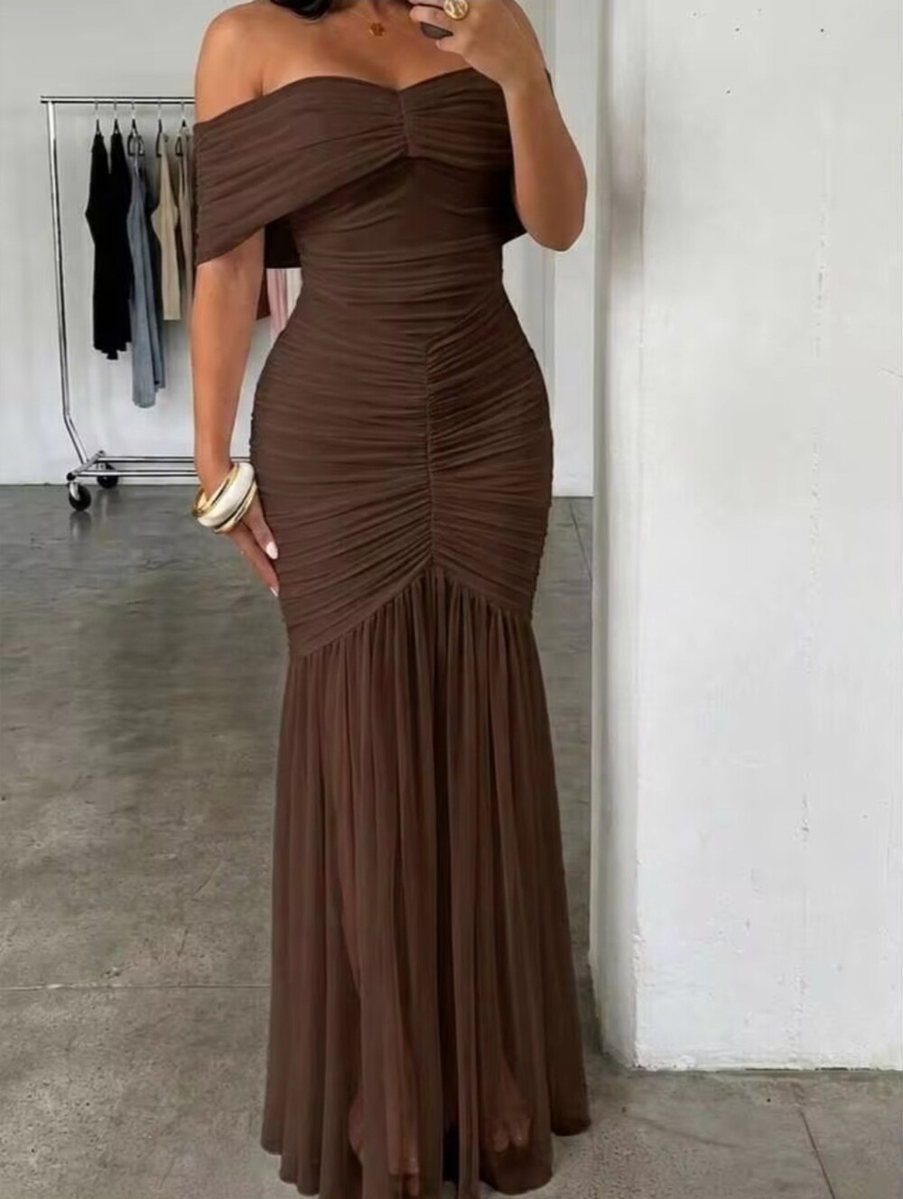 NWT-Trendy ChicMe Women's Off-Shoulder Ruched Maxi Bodycon Mermaid Dress